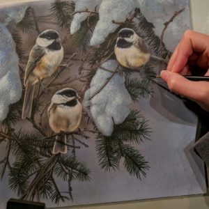 Chickadees in Snow Work in Progress, Watercolor, Rebecca Latham