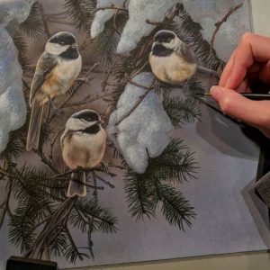 Peek In The Studio – Winter Cardinal and Chickadees