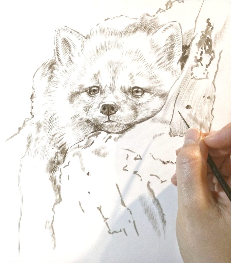 Red Fox Kit in Sepia Watercolor