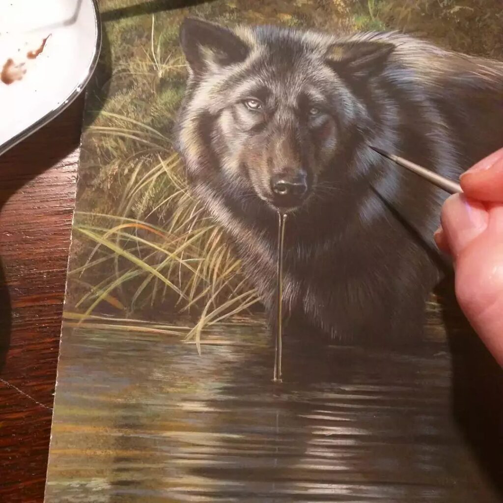 Black Wolf Miniature Painting, opaque & transparent watercolor on board, Rebecca Latham
