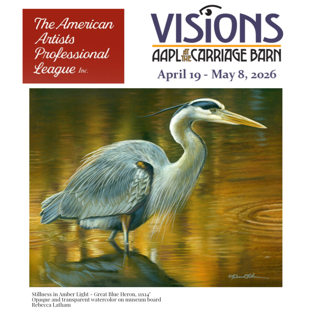 Stillness in Amber Light - Great Blue Heron, 11x14" Opaque and transparent watercolor on museum board Rebecca Latham